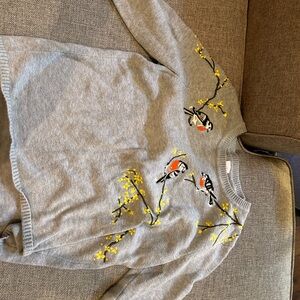 CAbi Gray Sweater with Bird and Floral Design